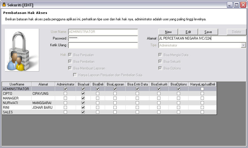Layar Pembatasan Akses / Sekuriti Untuk Login Pengguna Software Apotek AKUA